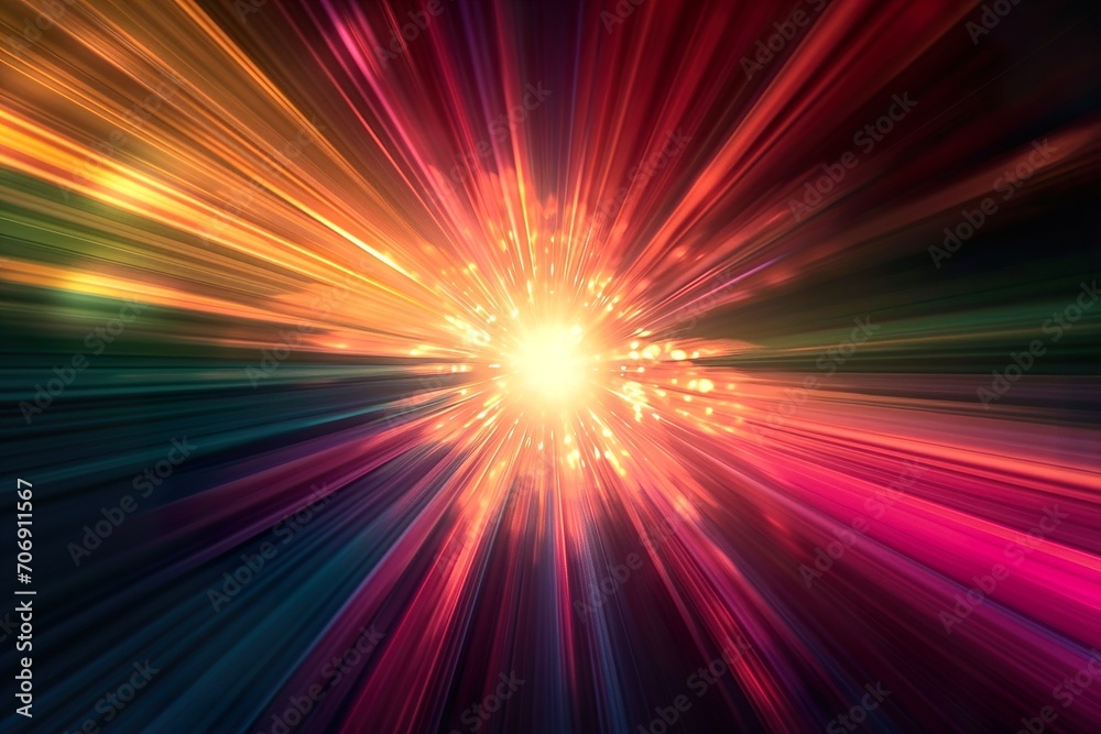 Abstract dark background of light with stripes of colourful rays moving from the center