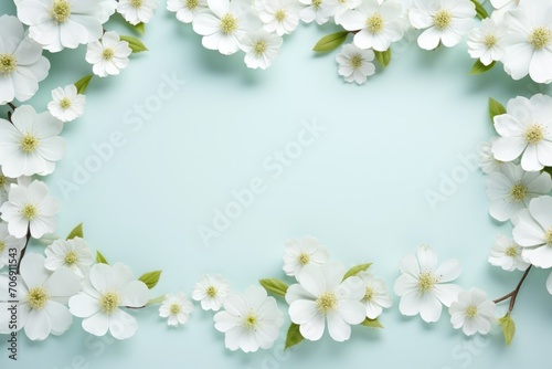 bright white spring floral frame of blossoms  spring flowers on a blue background