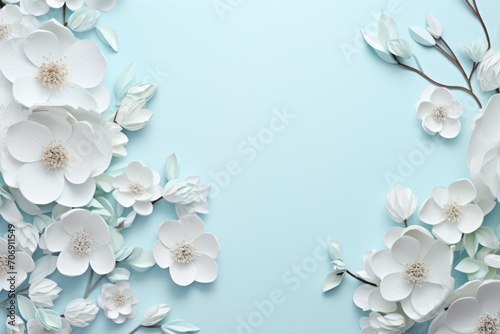 bright white spring floral frame of blossoms, spring flowers on a blue background