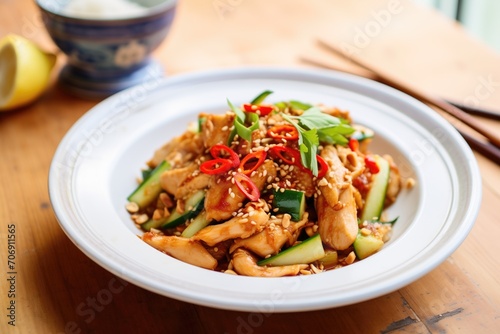 kung pao chicken with red pepper flakes on top
