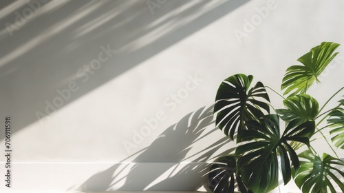 Tropical leaves shadow shade reflected on minimal wall background photo