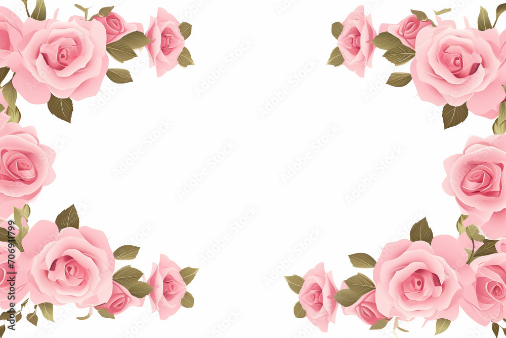 Frame of pink roses on a white background with space for text. 