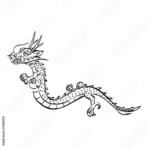 龍の和風ベクターイラスト（白黒）。