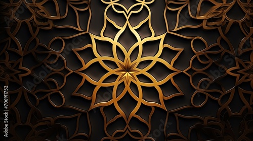 Arabic gold ornament on black background. 3d rendering
