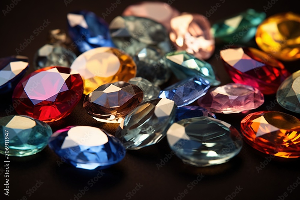 Jewel on black shine color, Collection of many different natural gemstones amethyst, lapis lazuli, rose quartz, citrine, ruby, amazonite, moonstone, labradorite, chalcedony, blue topaz
