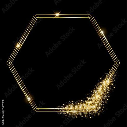 Vector template of shining gold frame, background with glitter for Christmas celebration party, New Year card, wedding, bachelorette party, baby shower party, logo, casino, birthday.