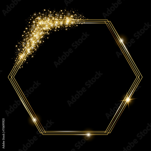 Vector template of shining gold frame, background with glitter for Christmas celebration party, New Year card, wedding, bachelorette party, baby shower party, logo, casino, birthday.