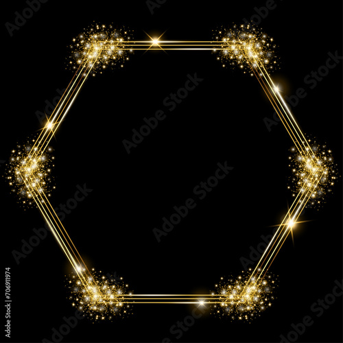 Vector template of shining gold frame, background with glitter for Christmas celebration party, New Year card, wedding, bachelorette party, baby shower party, logo, casino, birthday.