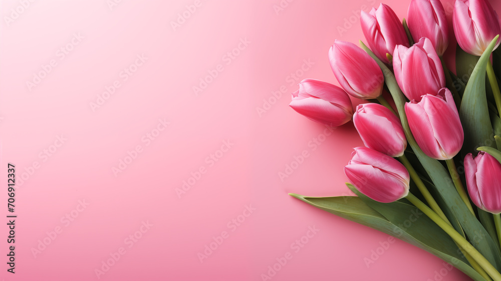 Bouquet of red tulips on the left on a pink background, space for text