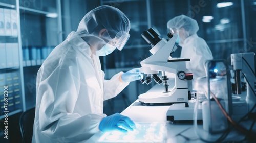 Scientists wearing a protective suit study dangerous substances under a microscope in a modern medical chemical laboratory. The concept of healthcare, pharmaceuticals, biotechnology, microbiology.