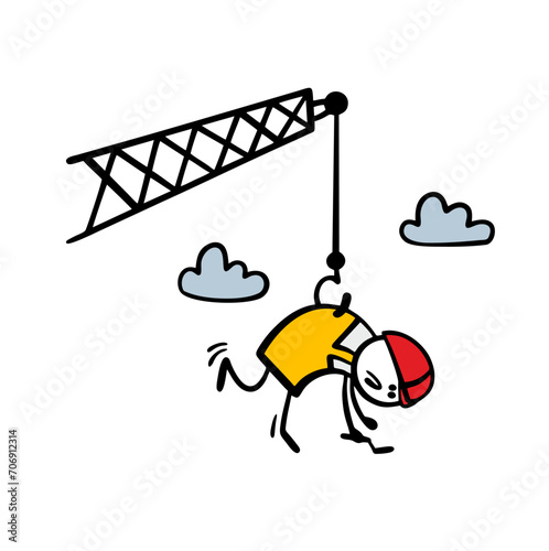 Careless builder got into an awkward situation. Crane hooked worker by his uniform and lifted him into the sky. Stickman in red helmet dangles high in the air. Isolated vector cartoon on white.