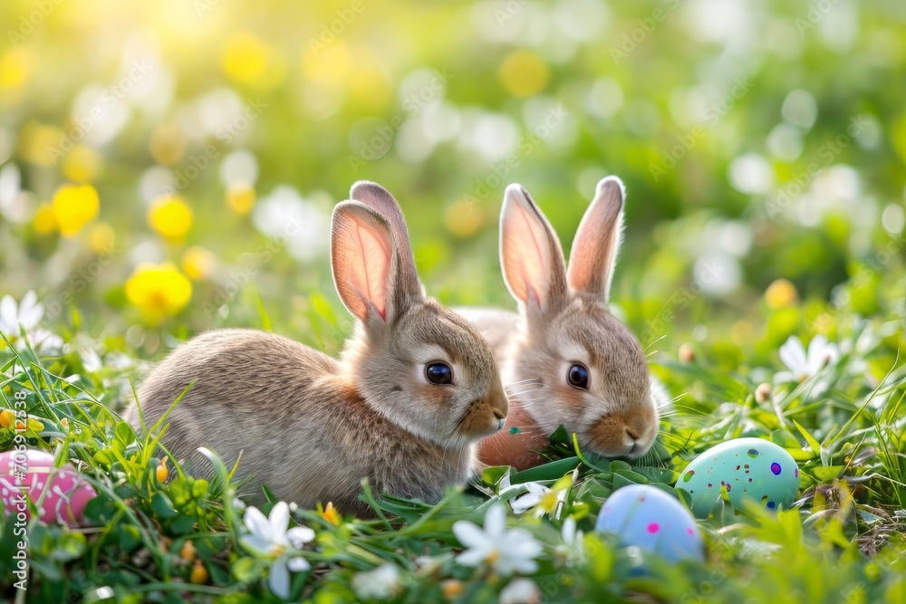 Obraz premium Easter bunnies, colorful eggs, and joyful springtime festivities. Happy Easter