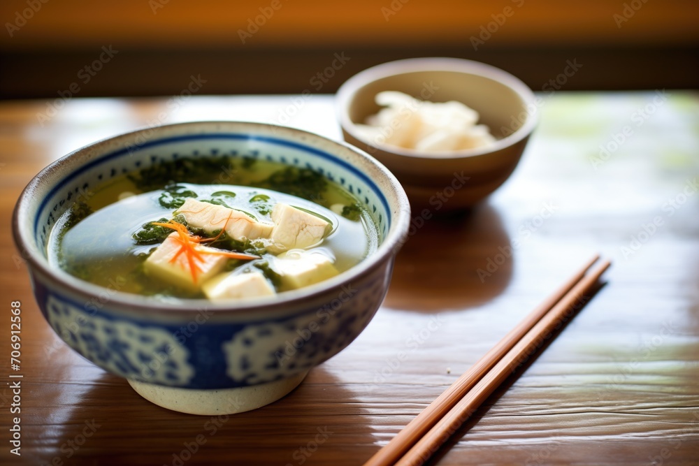 bowl of miso soup with tofu and seaweed, wooden spoon on the side bowl of miso soup with tofu and seaweed, wooden spoon on the side