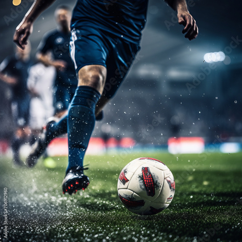 Close-Up Footballer. Dribbling Ball with Sports Venue Scene