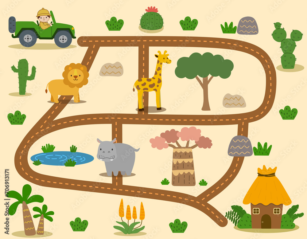 Fototapeta premium Safari maze game for children with cute animals illustration. Kids labyrinth puzzle. Maze activity sheet for children.
