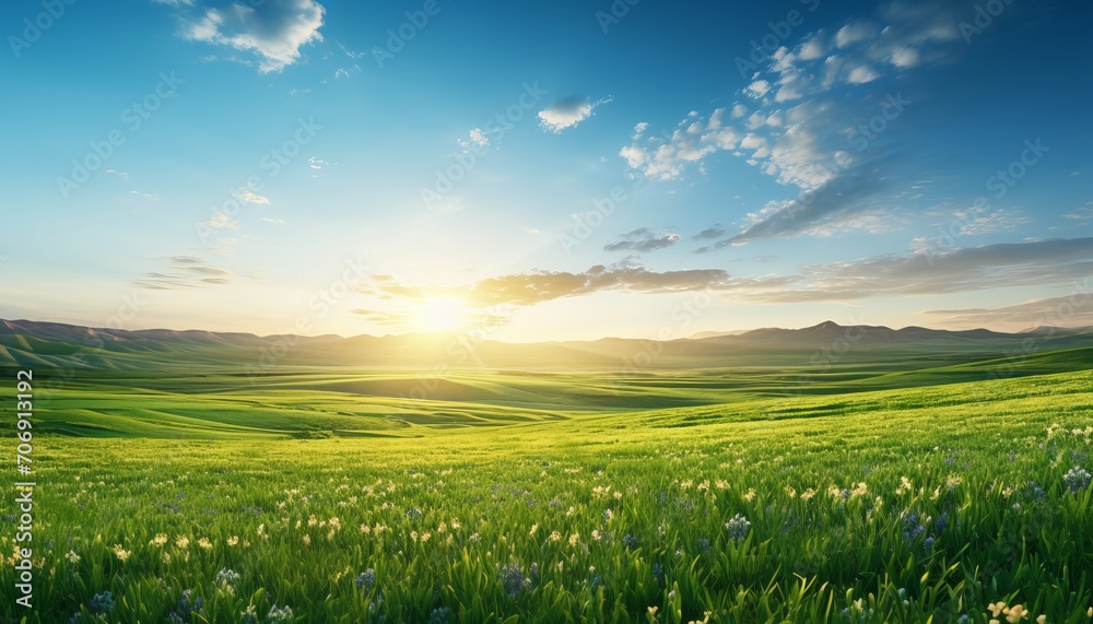 Sunrise Landscape. Serene Countryside with Rolling Hills, Rustic Farmhouse, and Clear Morning Sky