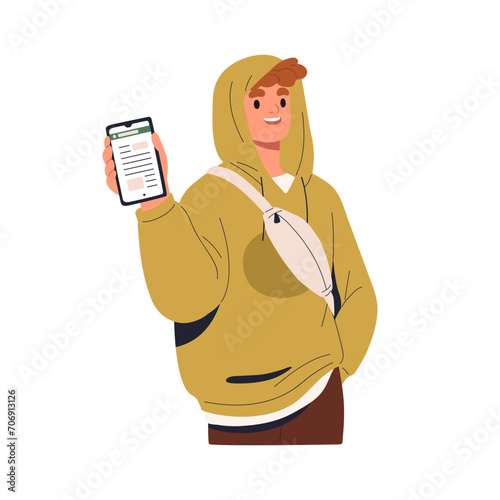 Happy man holding mobile phone, showing smartphone screen with article, good news. Excited person with cellphone, digital information. Flat graphic vector illustration isolated on white background