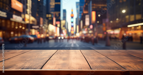 Wooden table for display products. Empty wooden table texture in front of blurred city