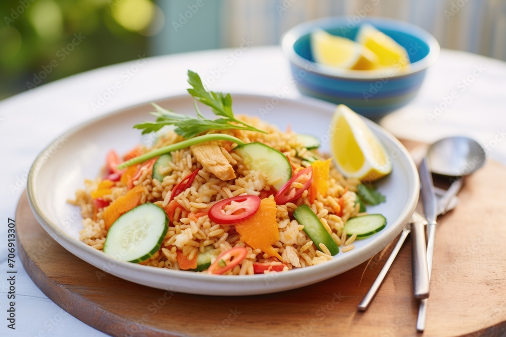 nasi goreng with side of pickled vegetables, focus on texture nasi goreng with side of pickled vegetables, focus on texture
