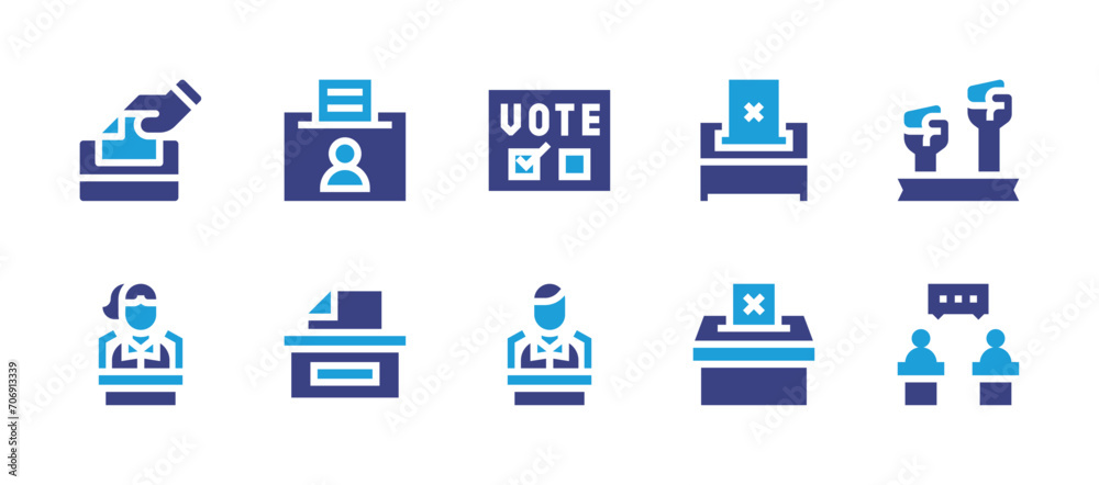 Democracy icon set. Duotone color. Vector illustration. Containing suffrage, voting box, vote, movement, speech, debate.
