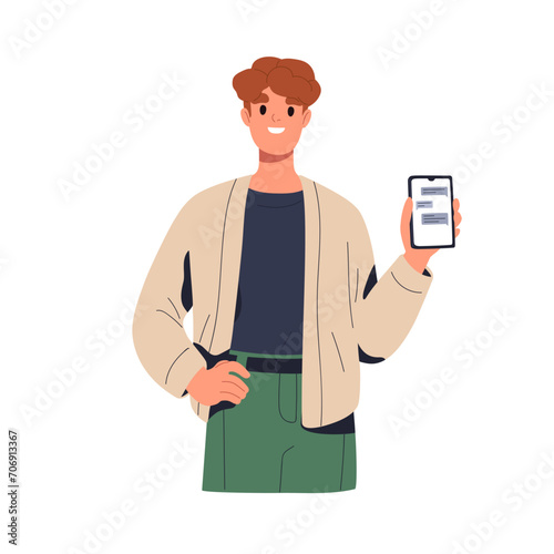 Happy man showing mobile phone screen with messages, online chat. Male character holding smartphone in hand, internet messenger app on display. Flat vector illustration isolated on white background
