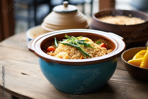 nasi goreng in a clay pot, rustic appeal on a wooden table