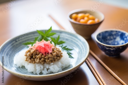 natto on a small plate with a side of pickled radish