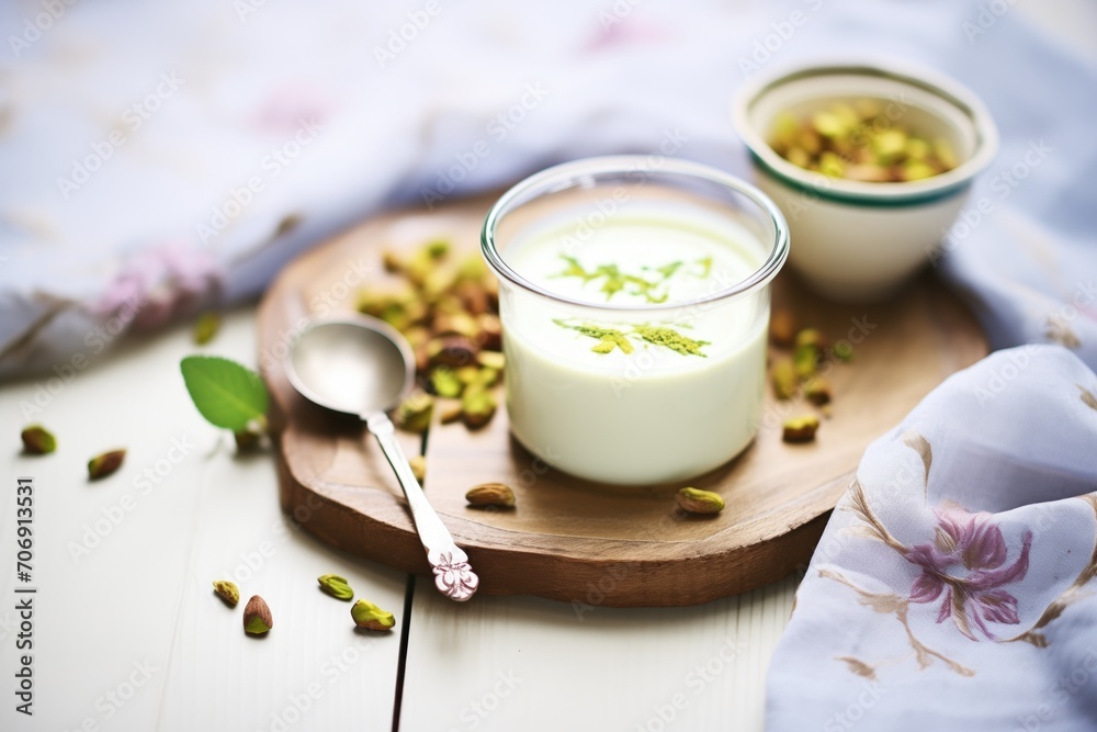 homemade pistachio milk with mortar and pistachios homemade pistachio milk with mortar and pistachios
