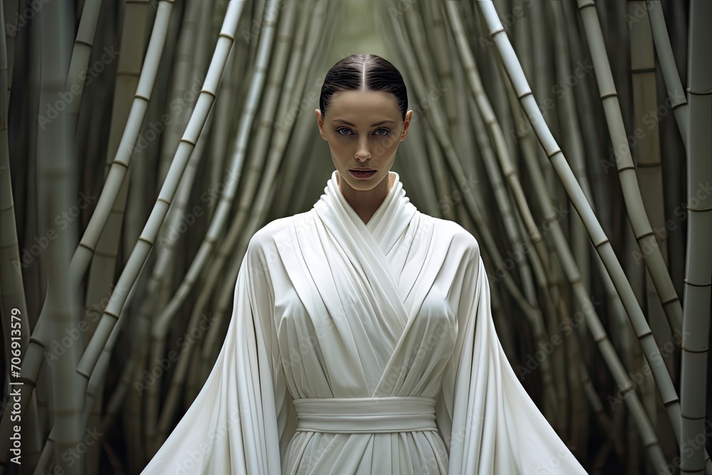 model girl among bamboo stalks