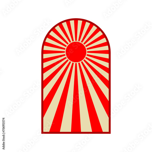 Red circle sun with sunlight rays japanese style on brown frame icon vector design