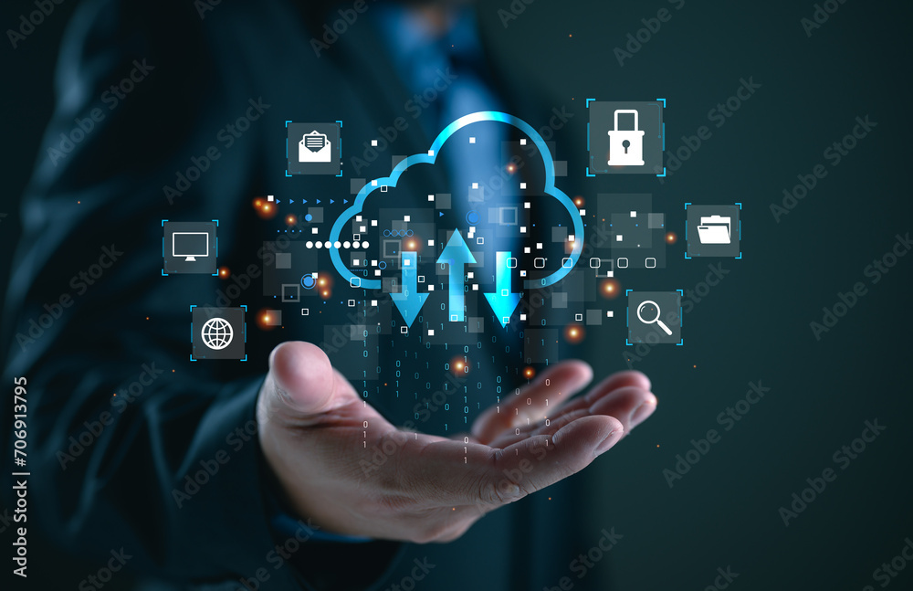 Businessman showing virtual glowing cloud computing to download and loading data information and upload on system network application. Technology data transformation concept, data transfer. - obrazy, fototapety, plakaty 