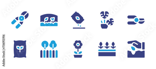 Gardening icon set. Duotone color. Vector illustration. Containing flower, plant, gardening, garden, secateurs, pruners, sow, fertilizer, seed, flowers.