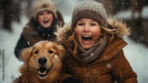 Children Playing with Golden Retriever in Snowy Weather.