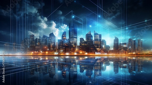 Modern cityscape with glowing lights and digital interface.
