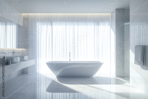 Interior design of bathroom with natural light in white shades of colours in frontal perspective. Quiet luxury style