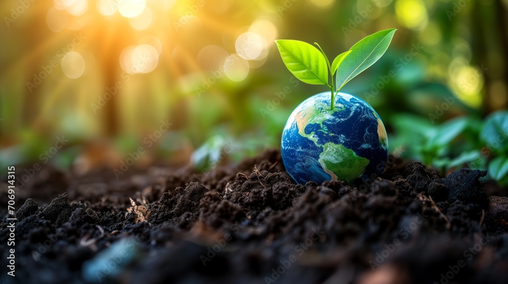 Globe ball with tree growing and green nature background Globe ball with tree growing and green nature background