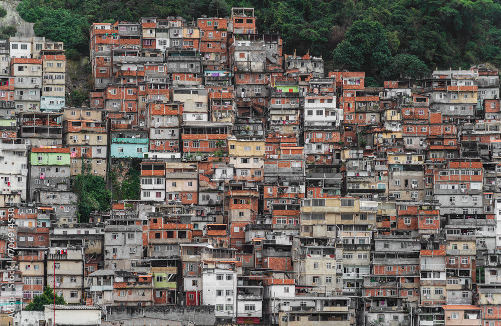 Colorful Favela on Steep Hillside Overlooking Brazilian Jungle Colorful Favela on Steep Hillside Overlooking Brazilian Jungle