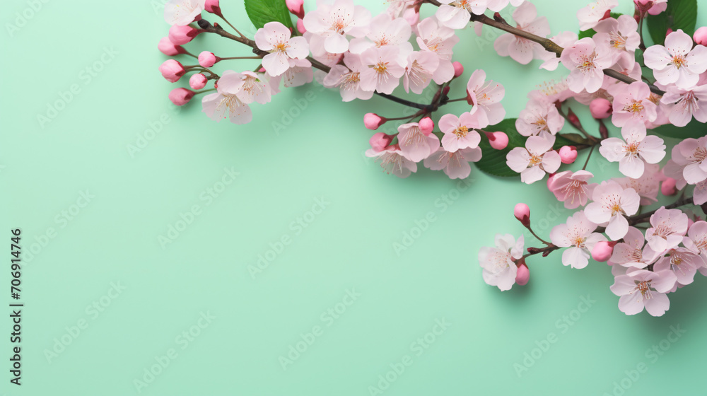 Cherry tree blossom branch on green background flat