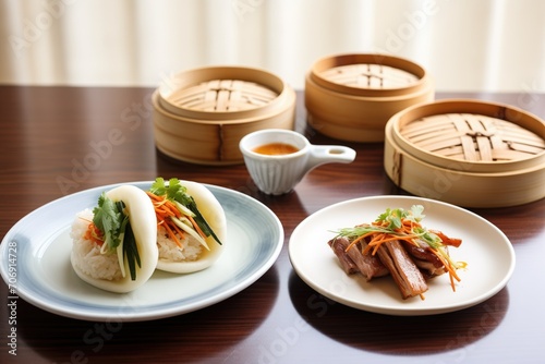 peking duck with steamed buns on side photo