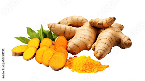 Fresh raw organic turmeric on white isolated on clear png background and transparent background. Vegetable and food concept for health, AI generative. 