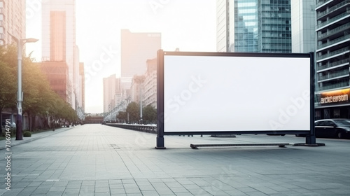 Blank billboard mock up in a public area of city like a street, park, road. Urban light box inside advertisement .