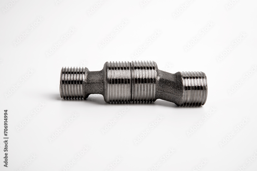 Two Silver Metal Wall Mixer Connector Eccentric Faucet Fitting Closeup Photo On White Background Two Silver Metal Wall Mixer Connector Eccentric Faucet Fitting Closeup Photo On White Background