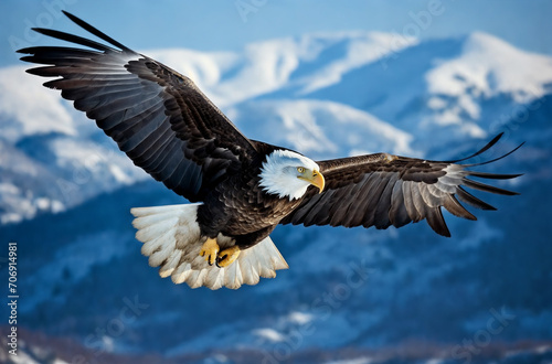 a bald eagle flying over a mountain range with mountains in the background and snow covered mountains in the foreground, generative ai