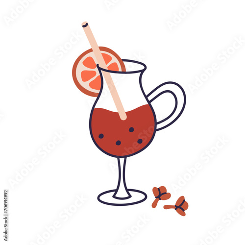 Mulled wine, hot winter drink in wineglass. Warm Christmas beverage in glass with orange slice, clove and straw. Spiced alcohol, gluhwein. Flat vector illustration isolated on white background