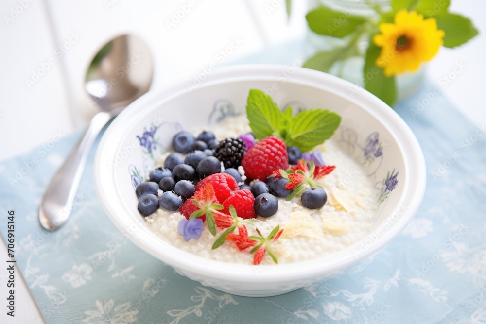 creamy vanilla porridge with frozen berries and a mint leaf garnish creamy vanilla porridge with frozen berries and a mint leaf garnish