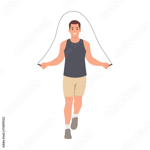 A man skipping with a jump rope. A man wearing a sleeveless t-shirt and tight shorts. Flat vector illustration isolated on white background