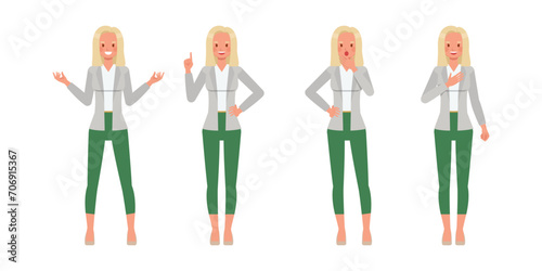Set of working woman wear white suit color character vector design. Presentation in various action. Businesswoman working in office planning, thinking and economic analysis.