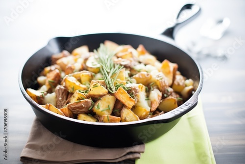 homemade poutine in a cast-iron skillet