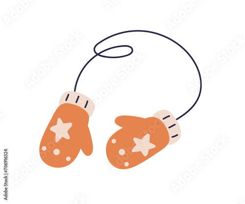 Winter mittens on string. Warm knitted wool hand clothes. Woolen kids accessory for cold weather, season. Sof childrens knitwear, gloves. Flat vector illustration isolated on white background