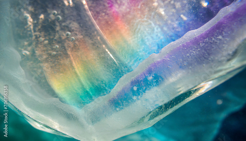  texture of abstract transperent ice forms underwater, reflecting rainbow light, minimalistic composition for banners, wallpapers, canvas and web design photo